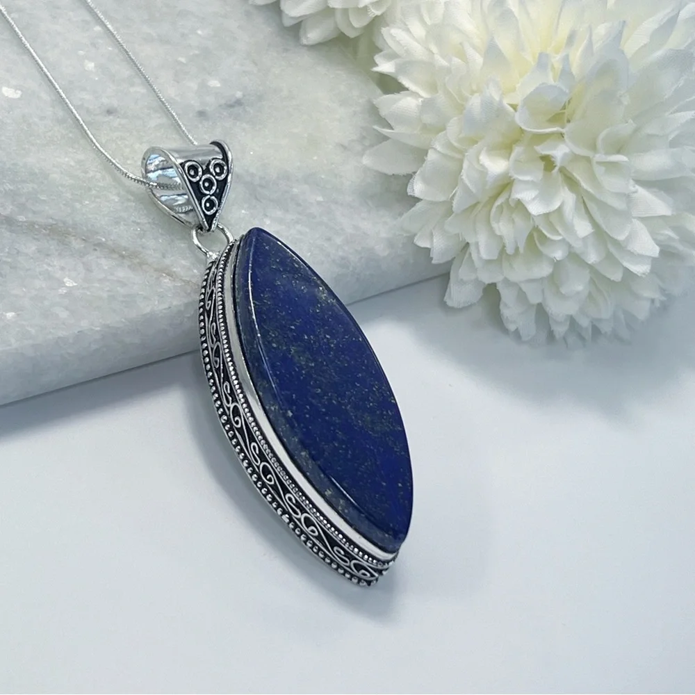 Large Lapis Lazuli Pendant Necklace Sterling Silver 925 Marquise Vintage Antique - Picture 4 of 11